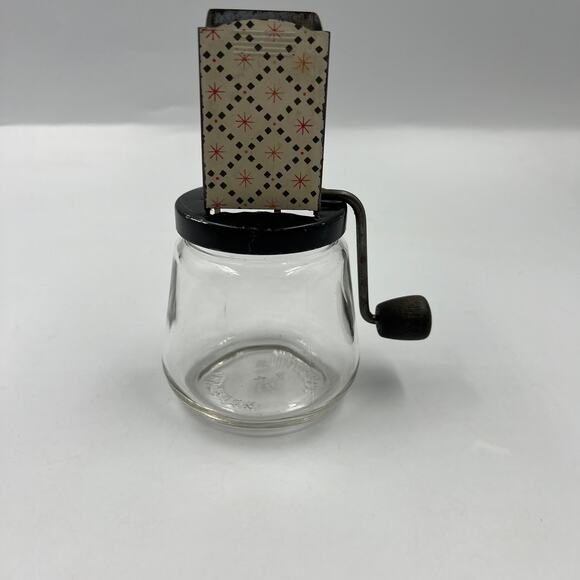 Vintage Crank Nut Chopper Androck Atomic Pattern Black White Red Glass Bottom - Picture 2 of 9